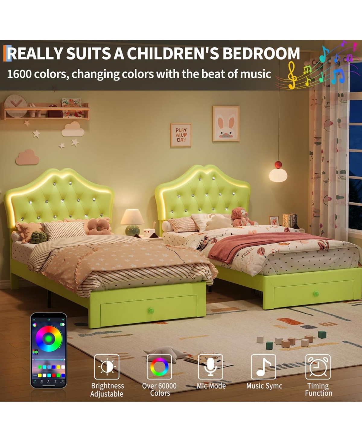 Gaomon Twin Upholstered Bed Frame with Led Headboard Lights & Storage Drawer, Noise Free, Platform for Kids and Teens