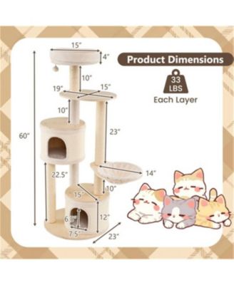 60"Tall Wooden Cat Tree with Scratching Posts & Condos