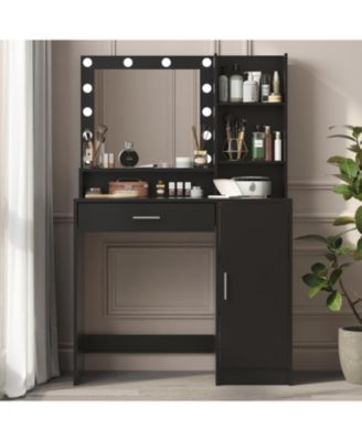Vanity Desk with Mirror & Light, Drawer Storage, 3 Lighting Modes, Black