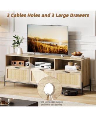 Rattan TV Stand for 75" TVs, Modern Entertainment Center with 3 Drawers, Wood Console with Metal Legs, Oak
