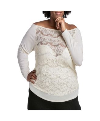 Plus Size Lace Ponte Boat Neck Blouse Tops