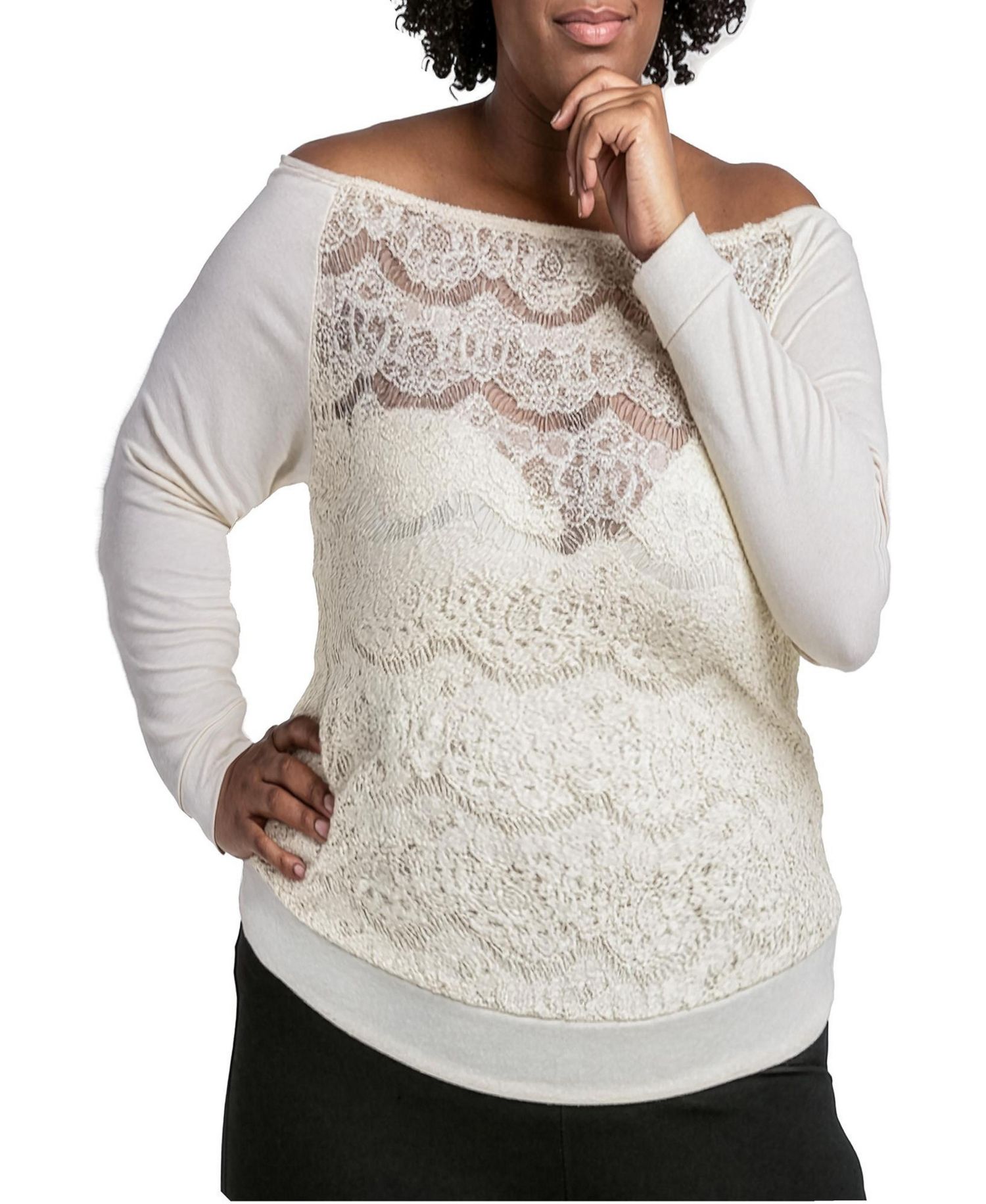 Plus Size Lace Ponte Boat Neck Blouse Tops