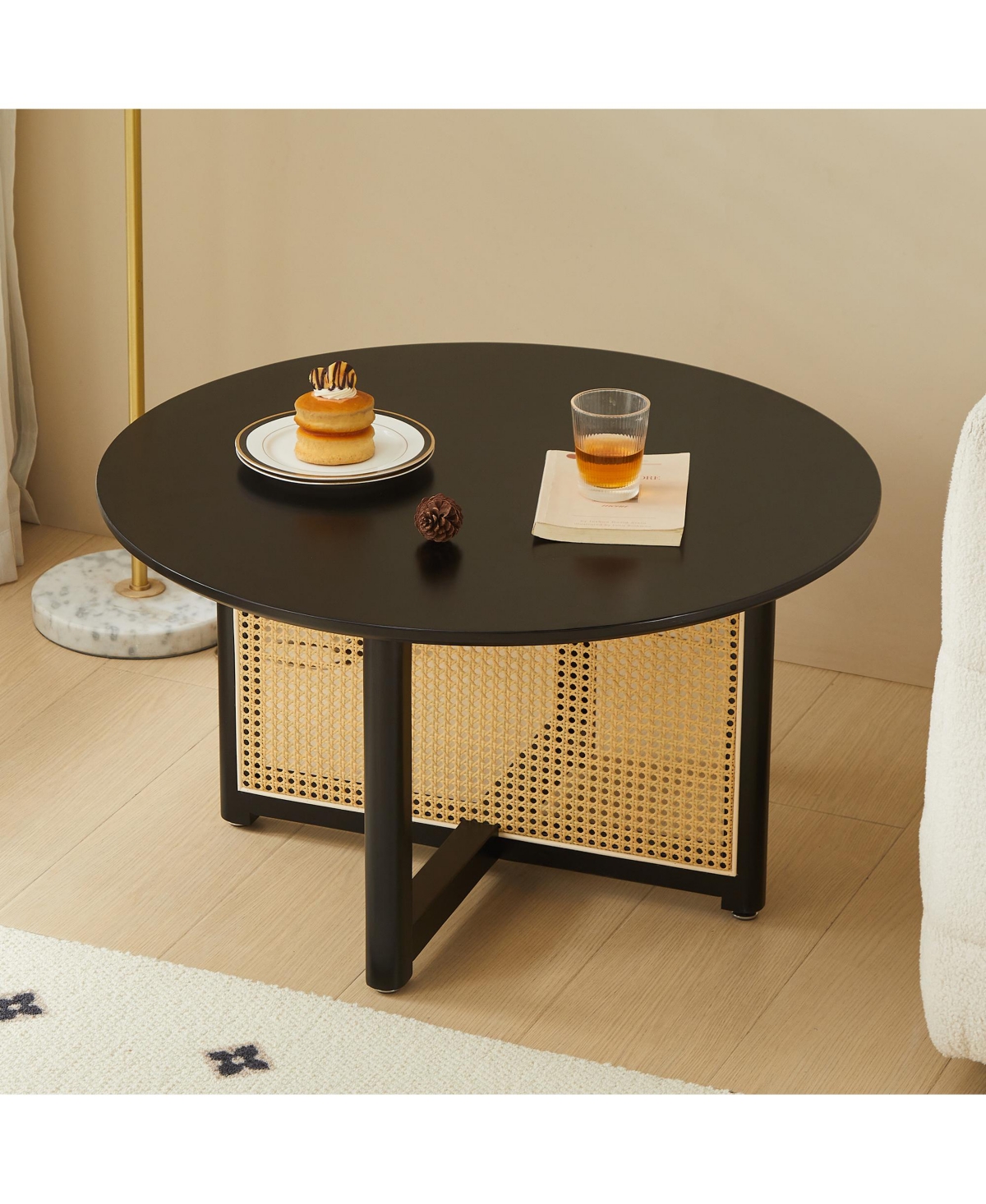 Streamdale Furniture Mid-Century Bohemian Coffee Table 31.5" Round with Pe Cane Stand