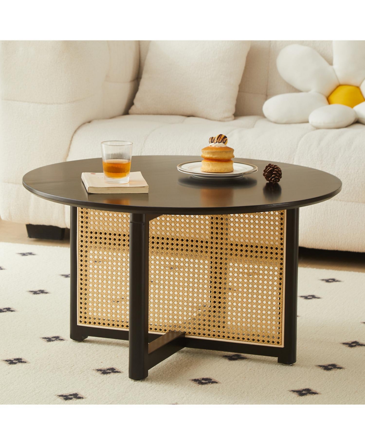 Streamdale Furniture Mid-Century Bohemian Coffee Table 31.5" Round with Pe Cane Stand