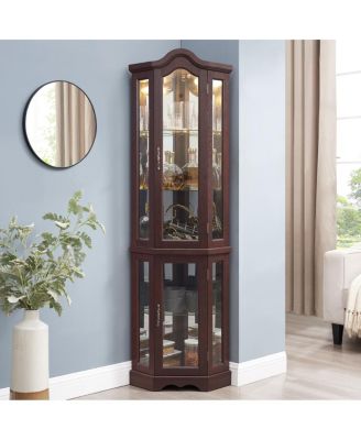 Streamdale Lighted Oak Curio Cabinet with Tempered Glass Doors & Shelves - Dark Cherry