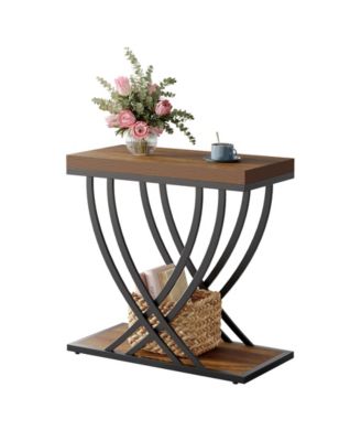 Side Table Set of 2, 2-Tier Narrow End Table for Living Room, Industrial Nightstand with Metal Frame, Small Bedside Tables