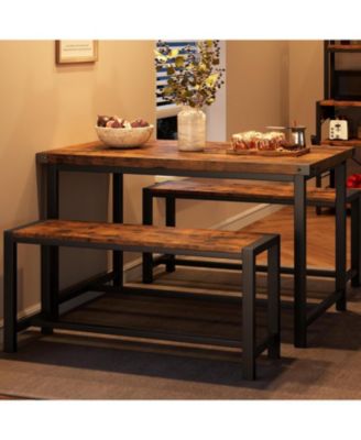 3 Piece Dining Table Set for 4 with Space-Saving Benches, Tabletop, Steel Frame, Modern Farmhouse Kitchen Table for Small Spaces