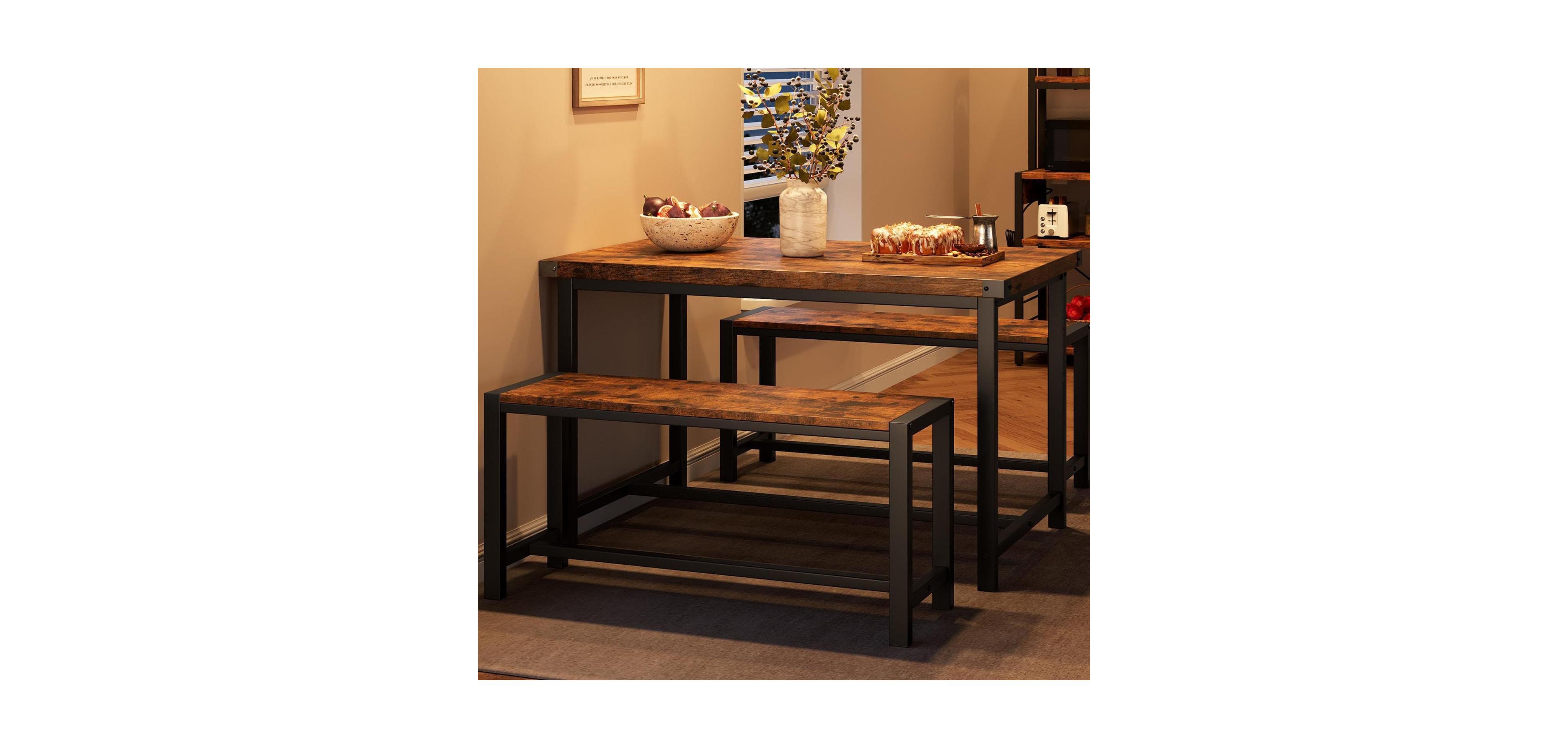 gaomon 3 Piece Dining Table Set for 4 with Space-Saving Benches, Tabletop, Steel Frame, Modern Farmhouse Kitchen Table for Small Spaces