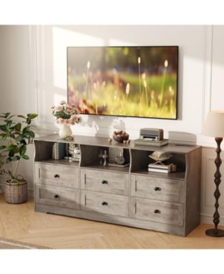 6 Drawer Dresser for Bedroom with Power Outlets & LED Light, Slim Wooden Chest of Drawers with Open Shelf