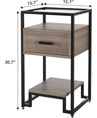 Modern Nightstand with Glass Panel, Small Side Table with Open Shelves and Glass Top   3-Tier Storage, for Bedroom & Living Room