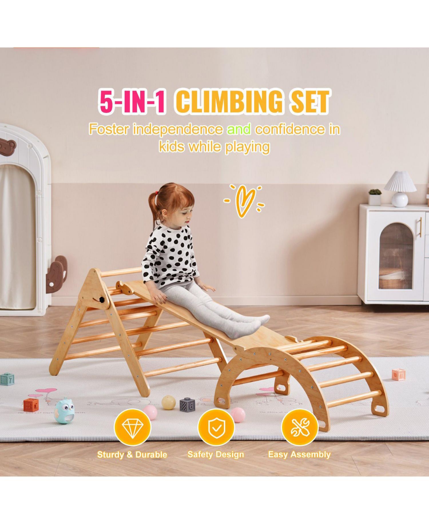 Pikler Triangle 5-in-1 Montessori-Inspired Wooden Climbing Gym, 3-Piece Set