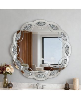 Crush Diamond Round Wall Mirror,31.5 Inch Wave Frame Decorative Mirror for Living Room,Bathroom,Bedroom,Hallway,Heavy Duty Frame