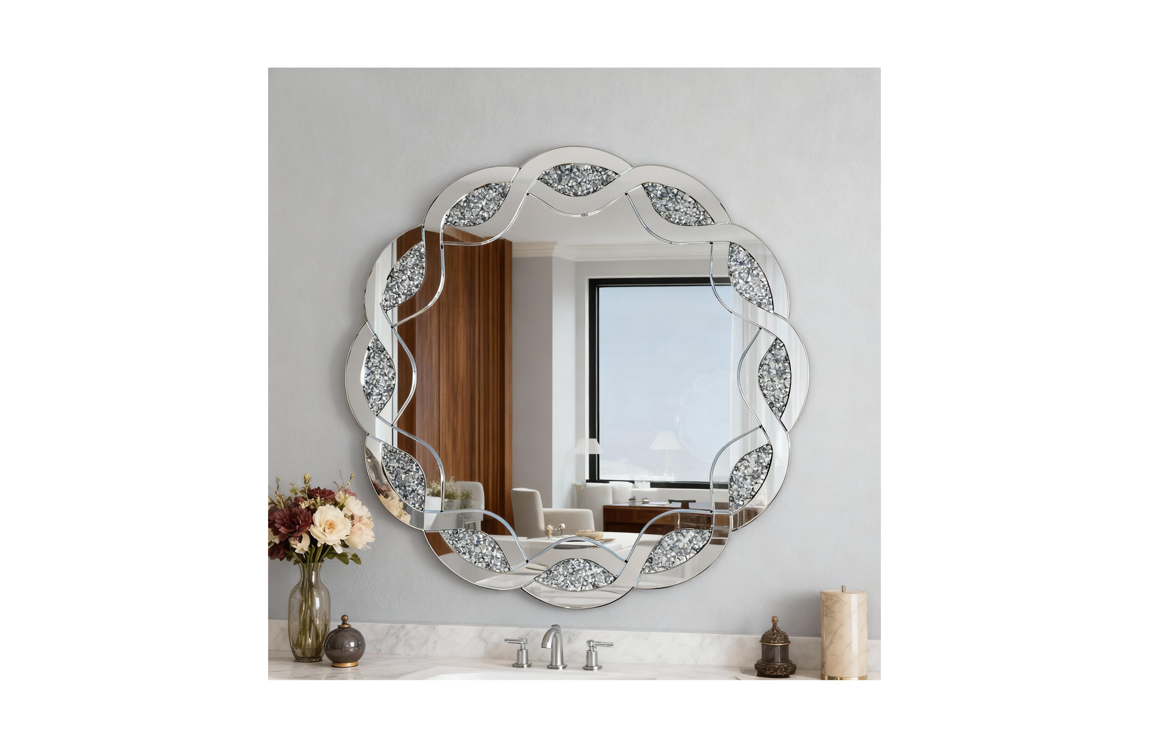 Busdays Crush Diamond Round Wall Mirror,31.5 Inch Wave Frame Decorative Mirror for Living Room,Bathroom,Bedroom,Hallway, Heavy Duty Frame