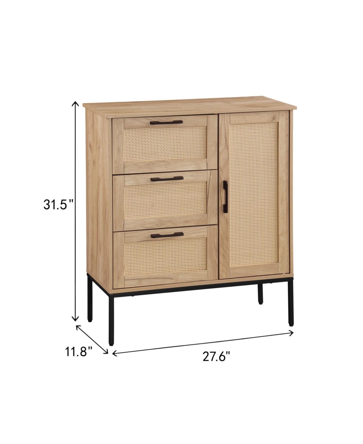 Streamdale Furniture Mid-Century Storage Cabinet- Rattan Doors, 3 Drawers, Adjustable Shelves