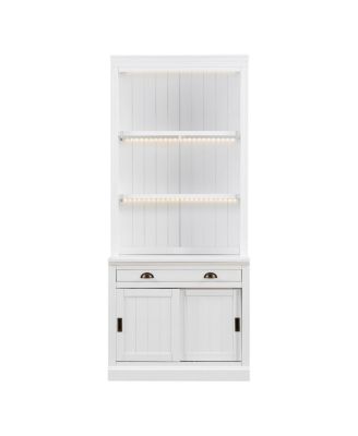  83.4" Tall Bookshelf with 3-Layer LED Lightings and Sliding Doors, White