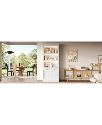  83.4" Tall Bookshelf with 3-Layer LED Lightings and Sliding Doors, White