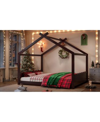 Queen House Floor Bed with Slats, Solid Wood House Bed Frame for Kids