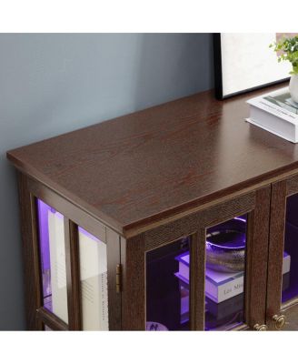  LED Curio Display Cabinet with Glass Doors & Adjustable Shelves - CHERRY