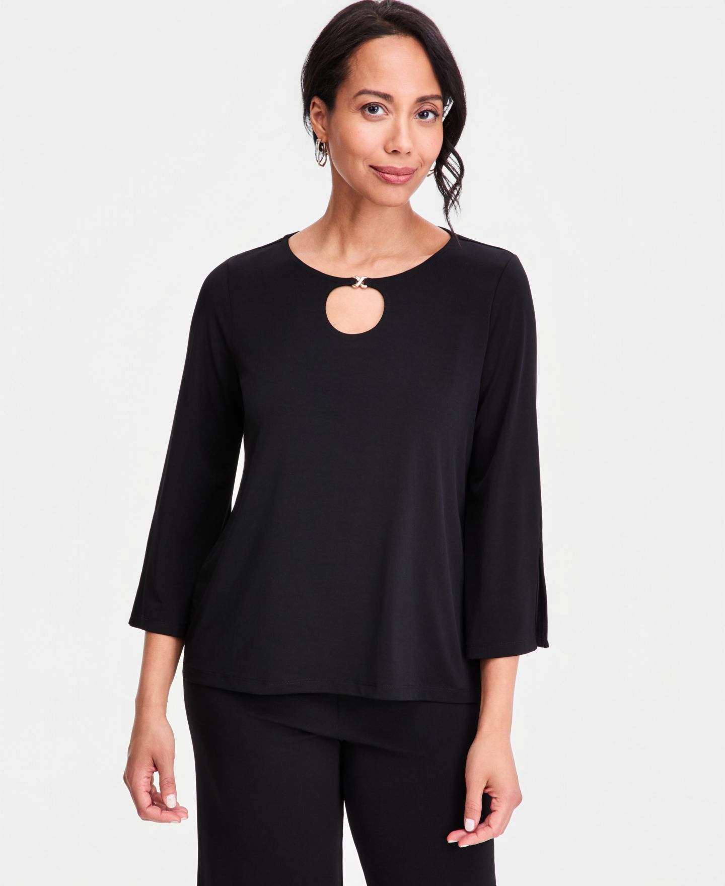 Женский топ JM Collection Split-Sleeve Keyhole-Neck Top, цвет: Глубокий чёрный — фото 1
