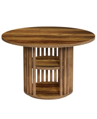 47-Inch Round Dining Table for 4, Farmhouse Kitchen Table with 2-Tier Storage Shelf and Solid Wood Base, Brown