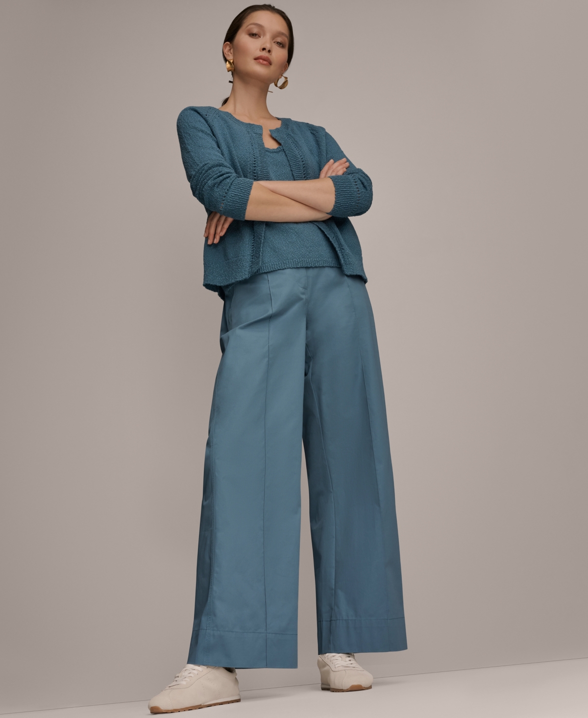 Donna Karan Weekend Women's Pointelle Stitch Detail Open-Front Cardigan