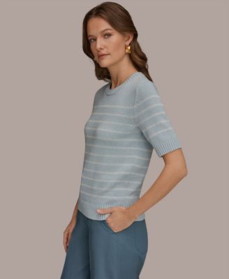 Women's Elbow-Sleeve Crew Neck Striped Sequin Sweater