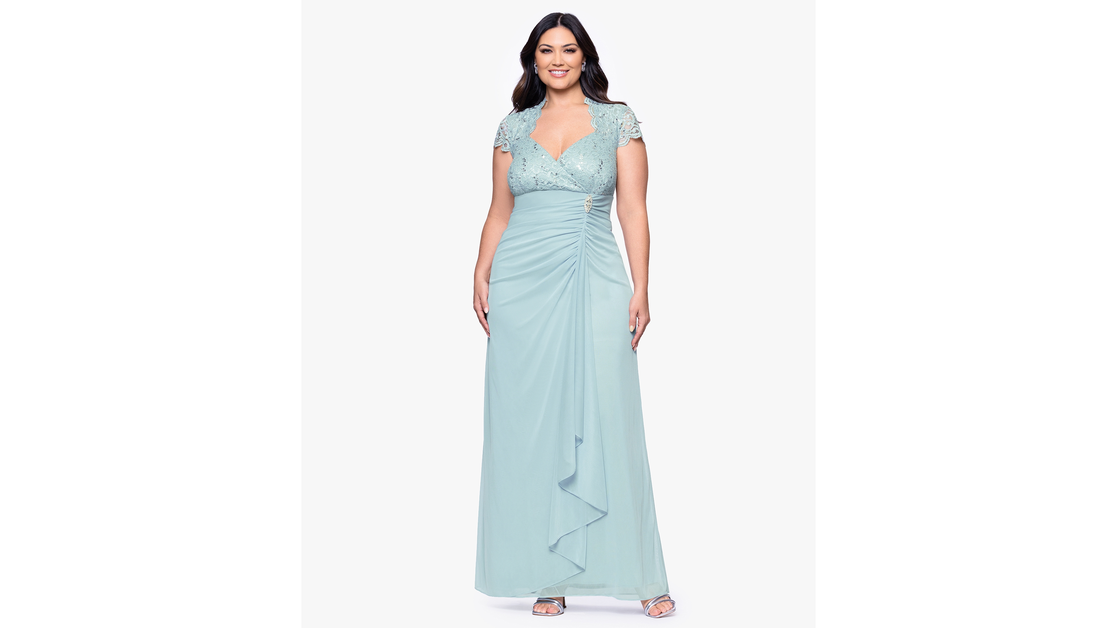 B&A by Betsy & Adam Plus Sequined-Lace Ruched Gown