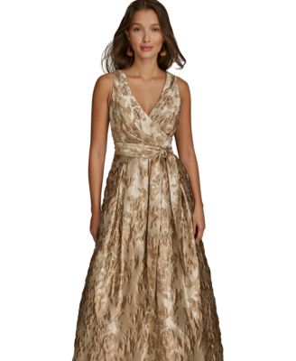 Petite Sleeveless Metallic Brocade V-Neck Ball Gown