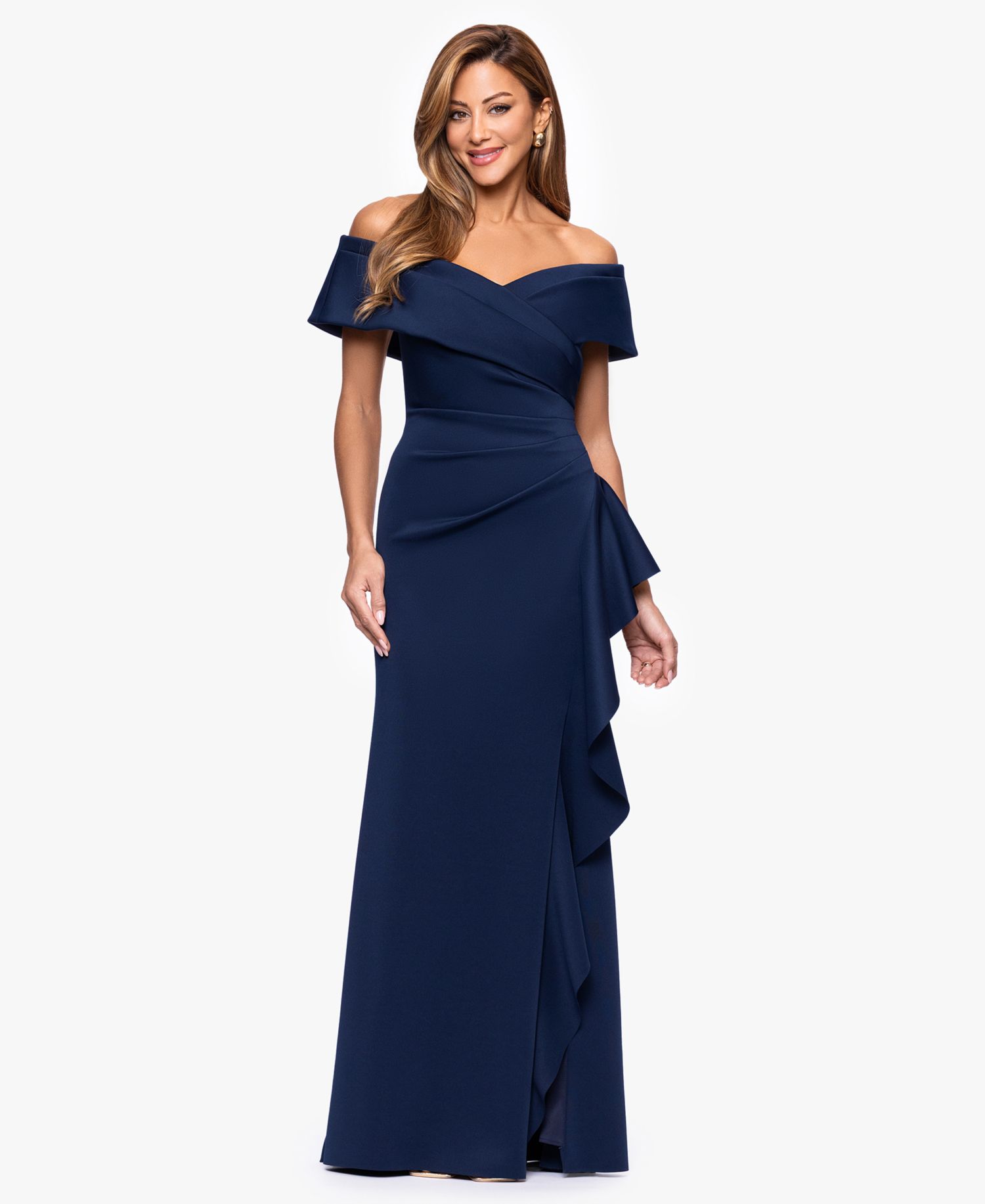 Petite Sweetheart Neck Side Ruffle Off-The-Shoulder Long Dress