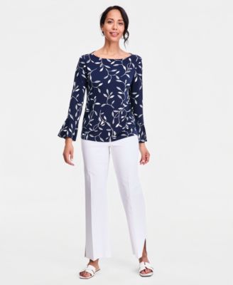 Women's Printed Boat-Neck Bell-Sleeve Top