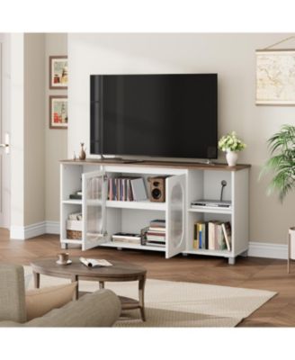 Modern TV Stand for 70" TV, Black Entertainment Center with Shelves and Glass Doors