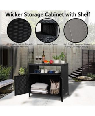 Versatile Outdoor Wicker Storage Cabinet with Shelf & Weather-Resistant Patio Bar Table – Convenient Access for Patio, Pool, Garden