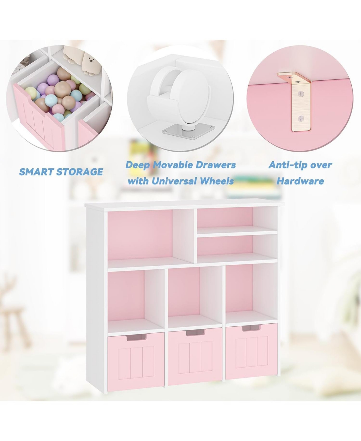 gaomon Toy Storage Cabinet with 3 Movable Drawers & 6 Cubes, Children's Toy Shelf Kids Bookshelf with Hidden Wheels