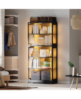 5 Layer Display Cabinet with Glass Doors, Modern Curio Cabinet with RGB Color Lights,Glass Display Cases for Collectibles