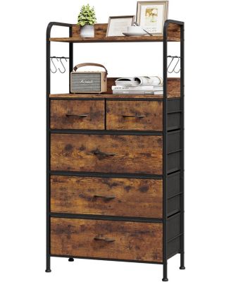 5 Drawer Dresser, Tall Dresser for Bedroom, Storage Organizer with Fabric Bins, Wood Top, Sturdy Steel Frame, Easy Pull Handle, Hallway