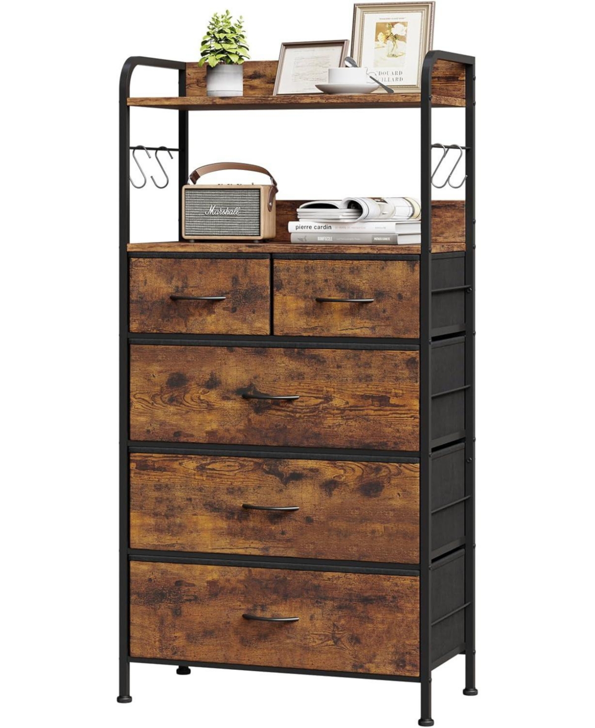 gaomon 5 Drawer Dresser, Tall Dresser for Bedroom, Storage Organizer with Fabric Bins, Wood Top, Sturdy Steel Frame, Easy Pull Handle, Hallway