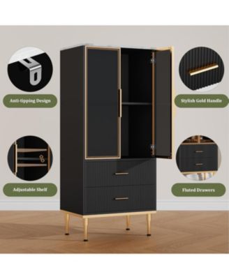 Fluted Glass Door Storage Cabinet - Modern Display Cabinet with Adjustable Shelves & 2 Drawers for Kitchen Pantry
