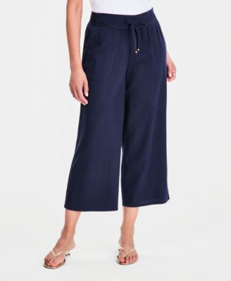 Women's Cropped Drawstring Linen-Blend Wide-Leg Pants