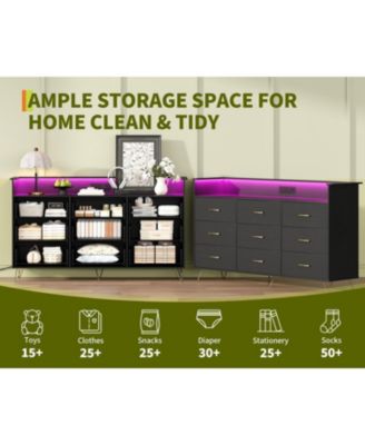 9-Drawer Tall Dresser with APP-Controlled RGB Lights & Charging Station, Modern Wooden Chest with 3 Outlets/2 USB