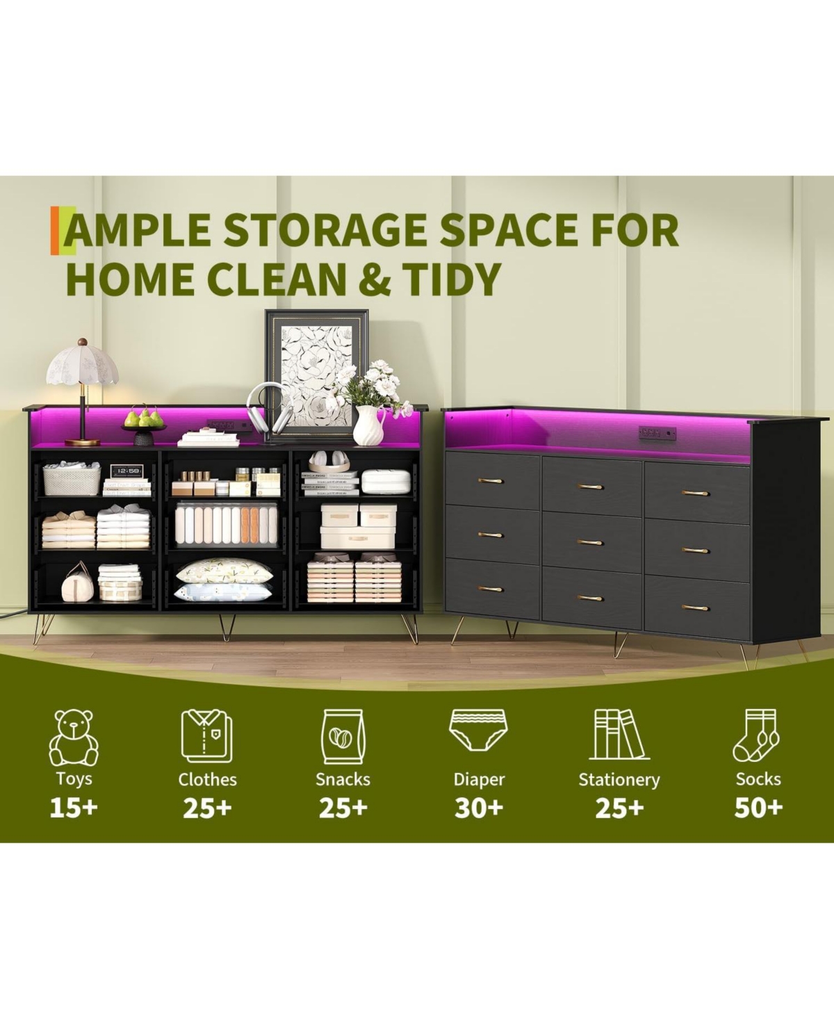 gaomon 9-Drawer Tall Dresser with App-Controlled Rgb Lights & Charging Station, Modern Wooden Chest 3 Outlets/2 Usb