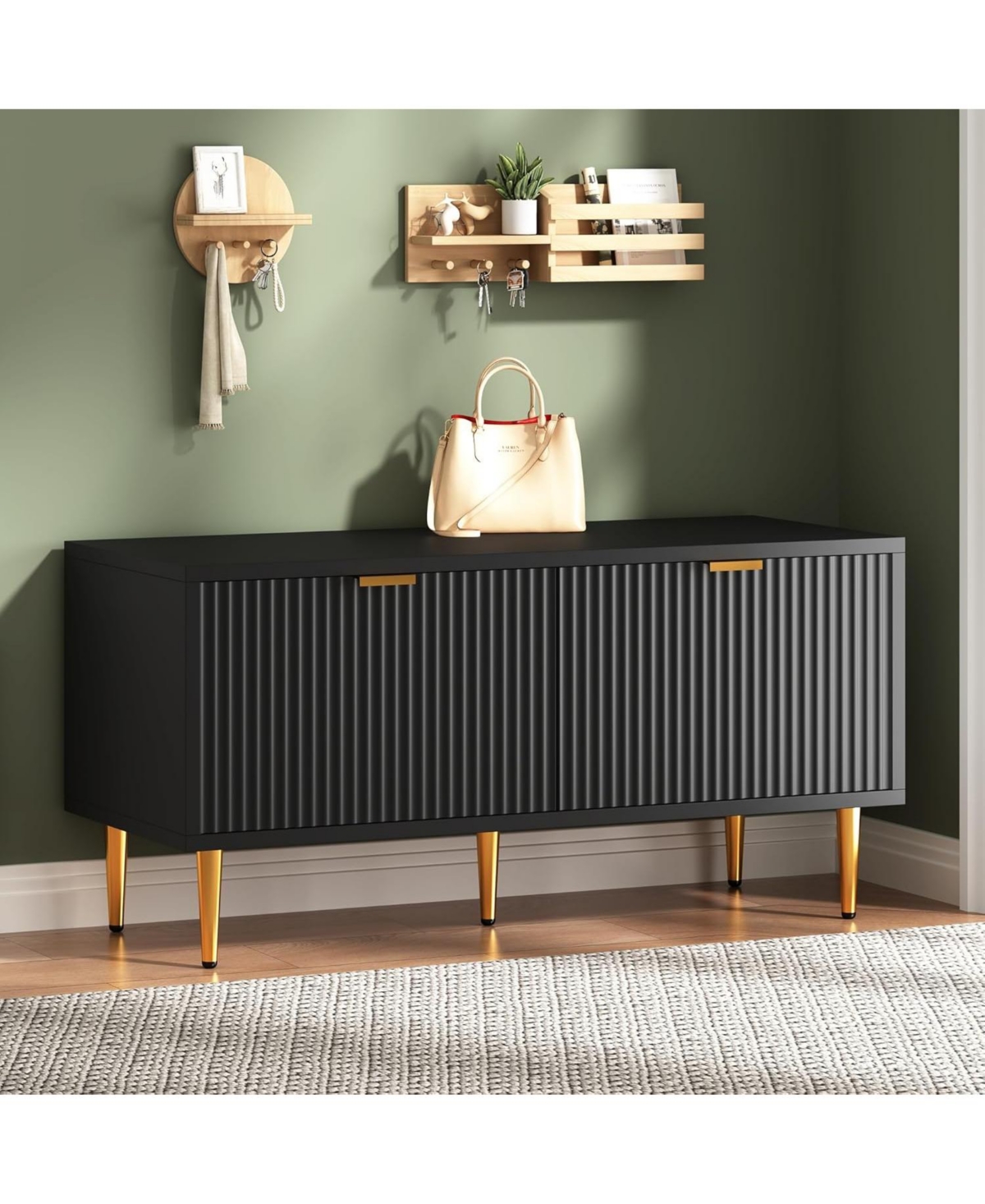 gaomon Shoe Cabinet, Fluted Entryway Bench with 2 Doors, Storage for Hallway, Living Room