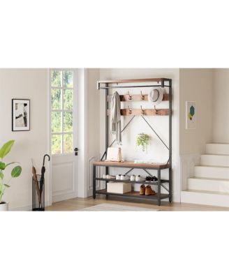 72" Industrial Hall Tree with Shoe Bench & Coat Rack, Entryway Storage Organizer with 8 Hooks, 3-Tier Shelf & Metal Frame