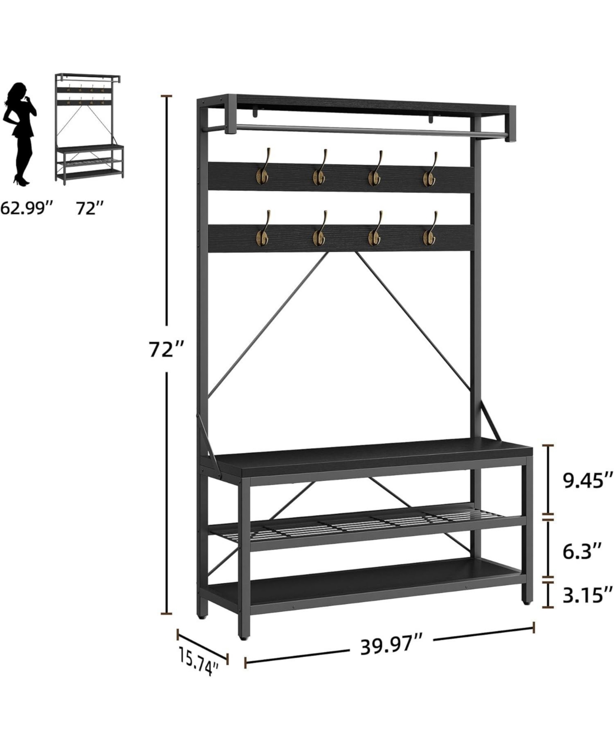 gaomon 72" Industrial Hall Tree with Shoe Bench & Coat Rack, Entryway Storage Organizer 8 Hooks, 3-Tier Shelf Metal Frame