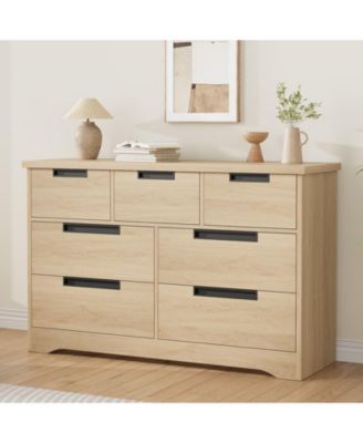 7 Drawer Dresser for Bedroom, Natural Modern Double Dresser Organizer with Embedded Handles Design