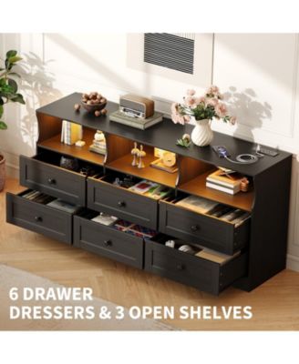 6 Drawer Dresser for Bedroom with Power Outlets & LED Light
