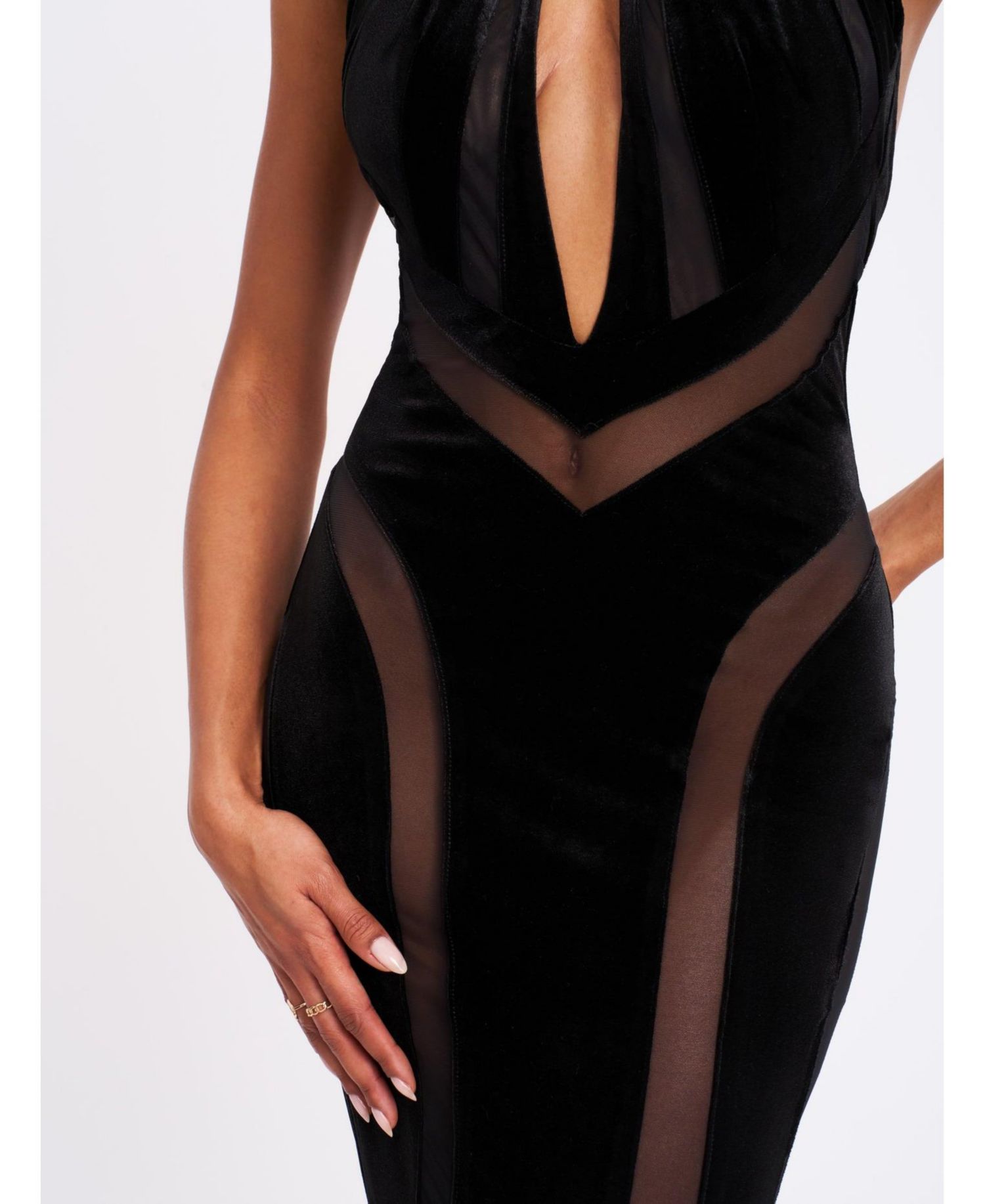 Women's Paityn Black Velvet Mesh Cutout Halter Gown