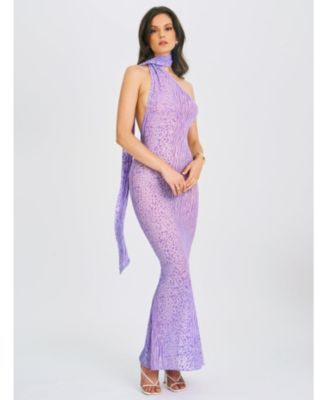 Women's Olena Purple Burnout Velvet Animal Print Mesh Halter Neck Maxi Dress