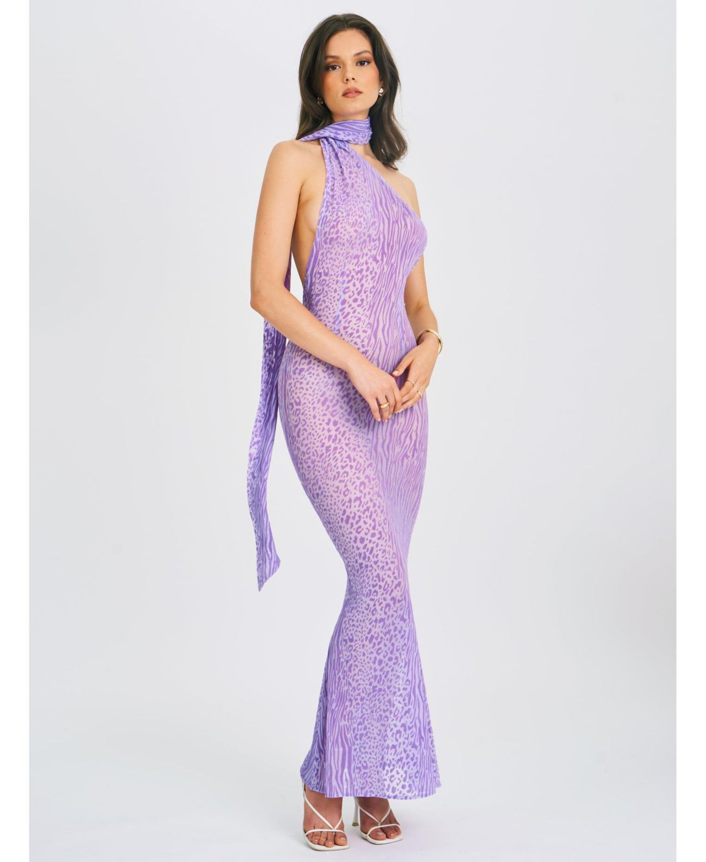 Женское платье Miss Circle Olena Purple Burnout Velvet Animal Print Mesh Halter Neck Maxi, цвет: Фиолетовый — фото 5