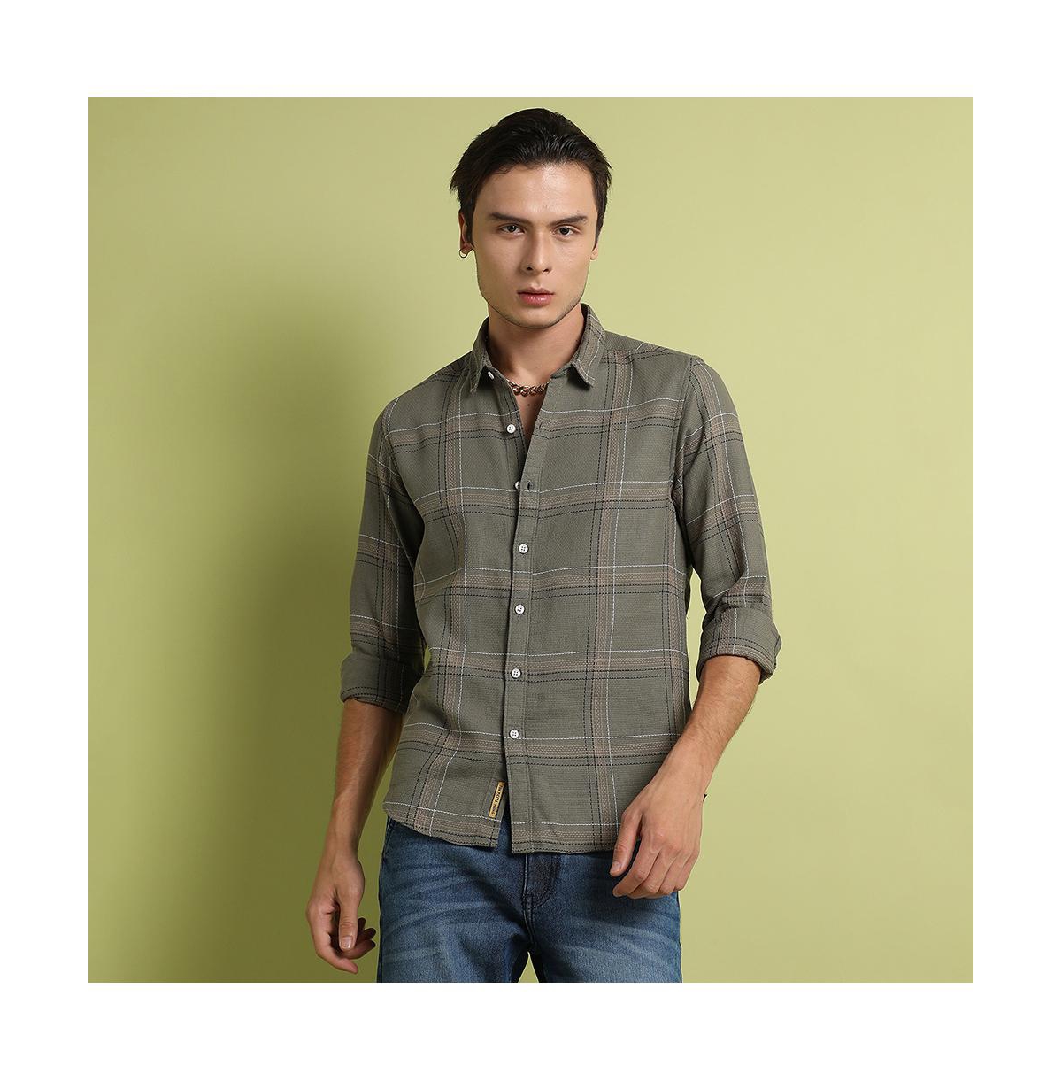 Campus Sutra Men's Olive Green Maxi Tartan Plaid Shirt