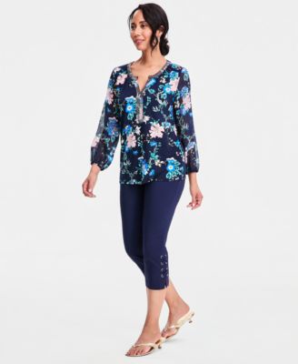 Women's Printed Chiffon-Sleeve Split-Neck Top